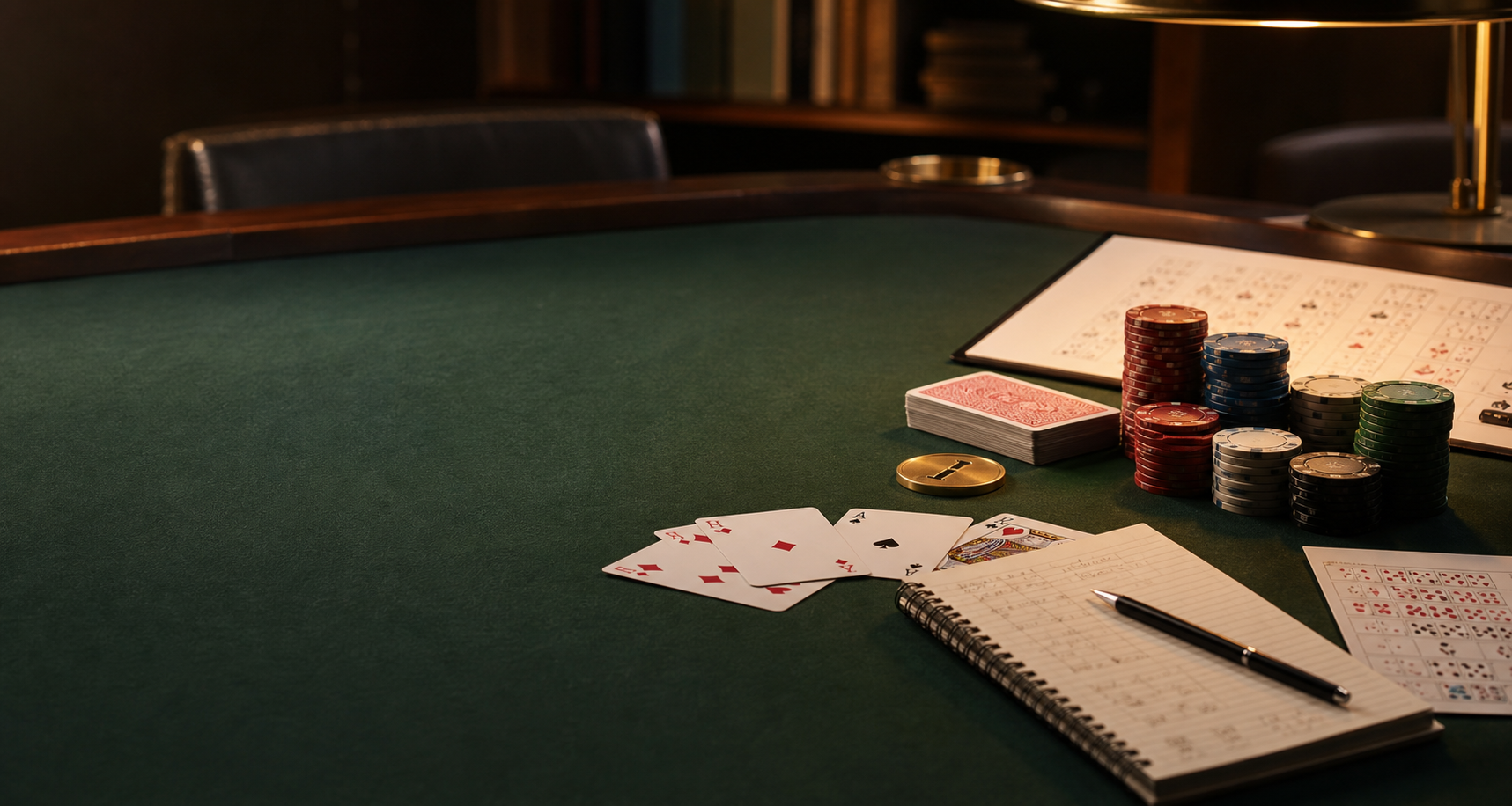 Poker study table with chips, cards, notes, and a dealer button for mixed poker games education